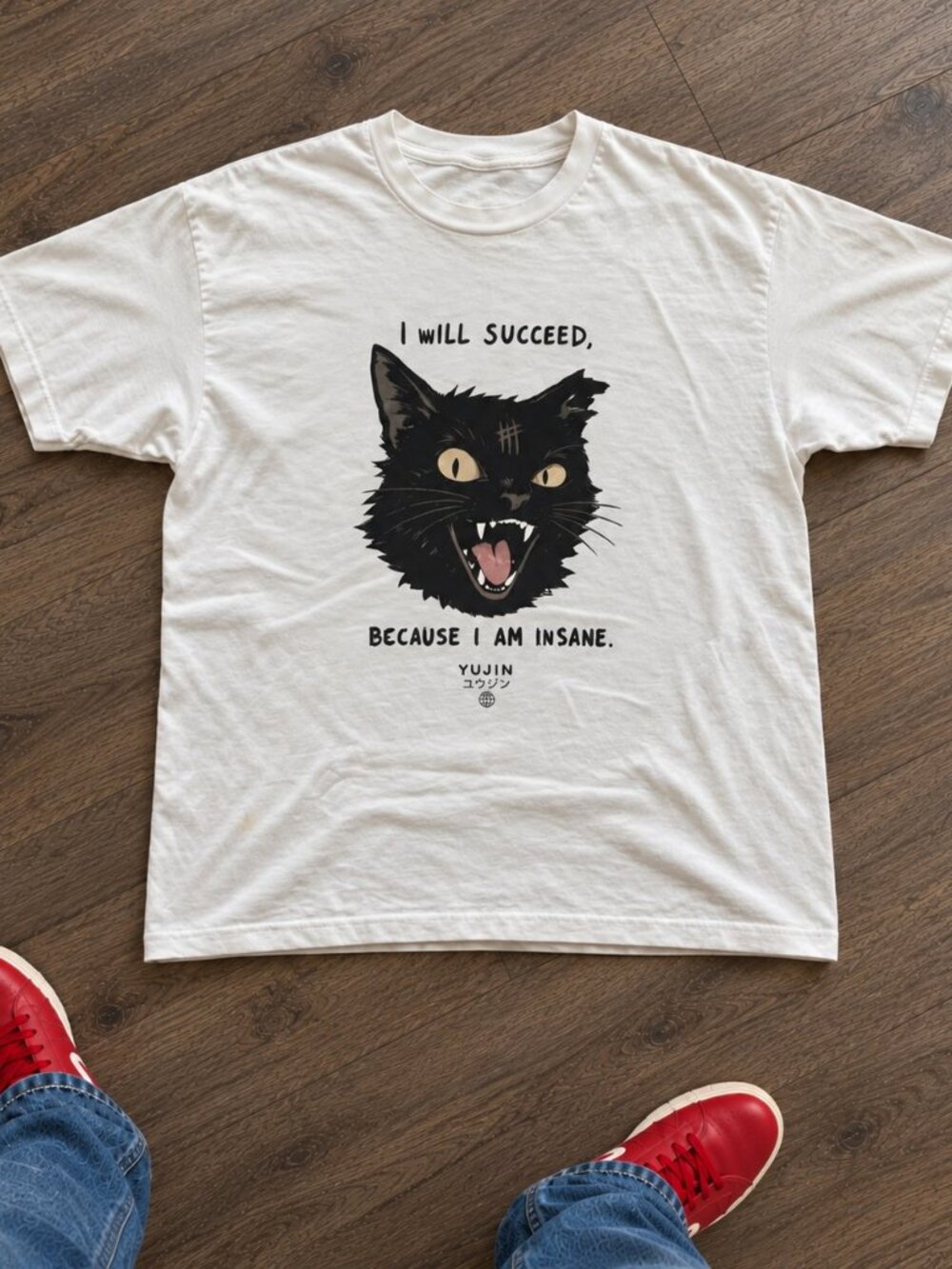 Gildan Yujin I Will Succeed Black Cat White Graphic T-Shirt